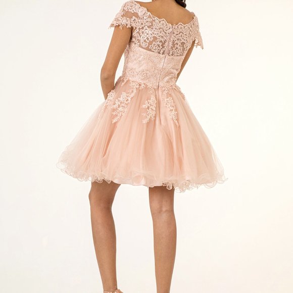 new blush  Boat Neck Tulle Short Dress GS1953 - Picture 2 of 5